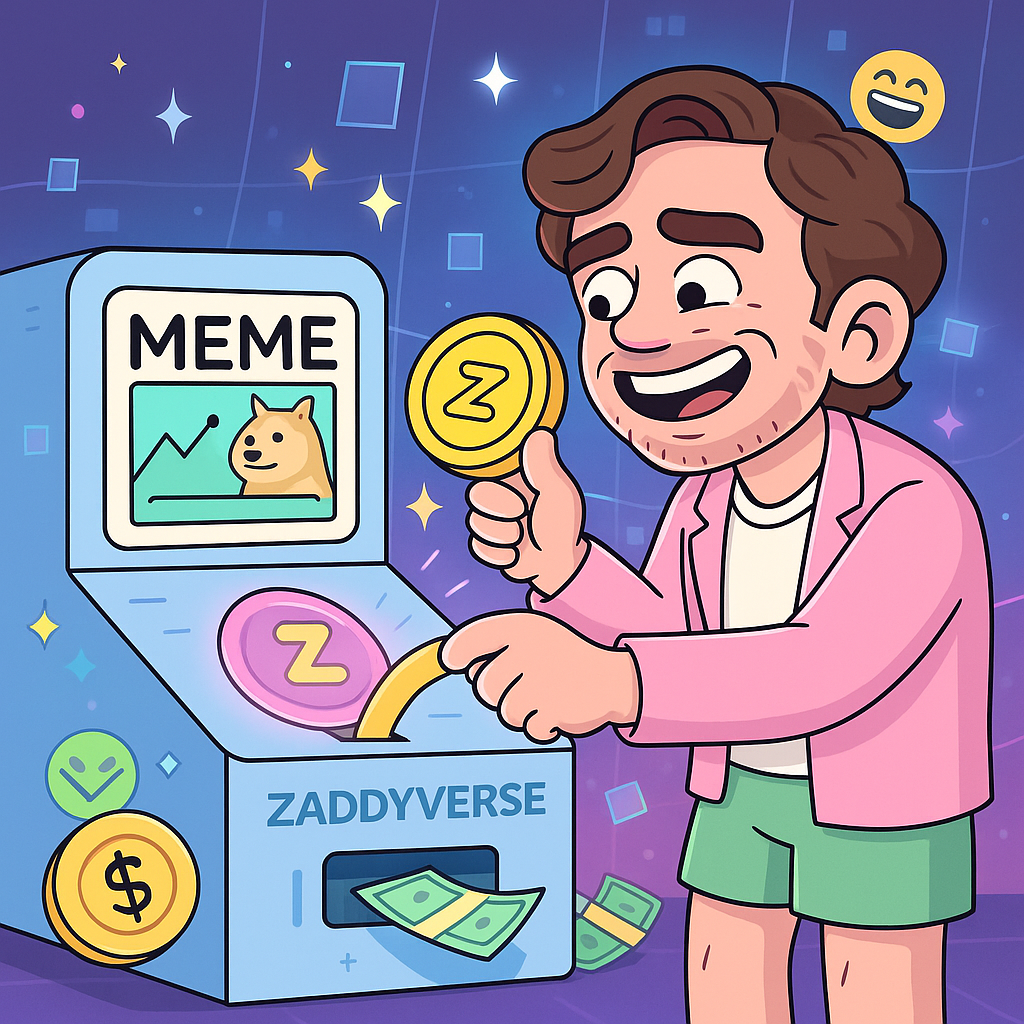 Creator feeding a Zaddy coin into a pastel meme machine while a meme appears on the screen